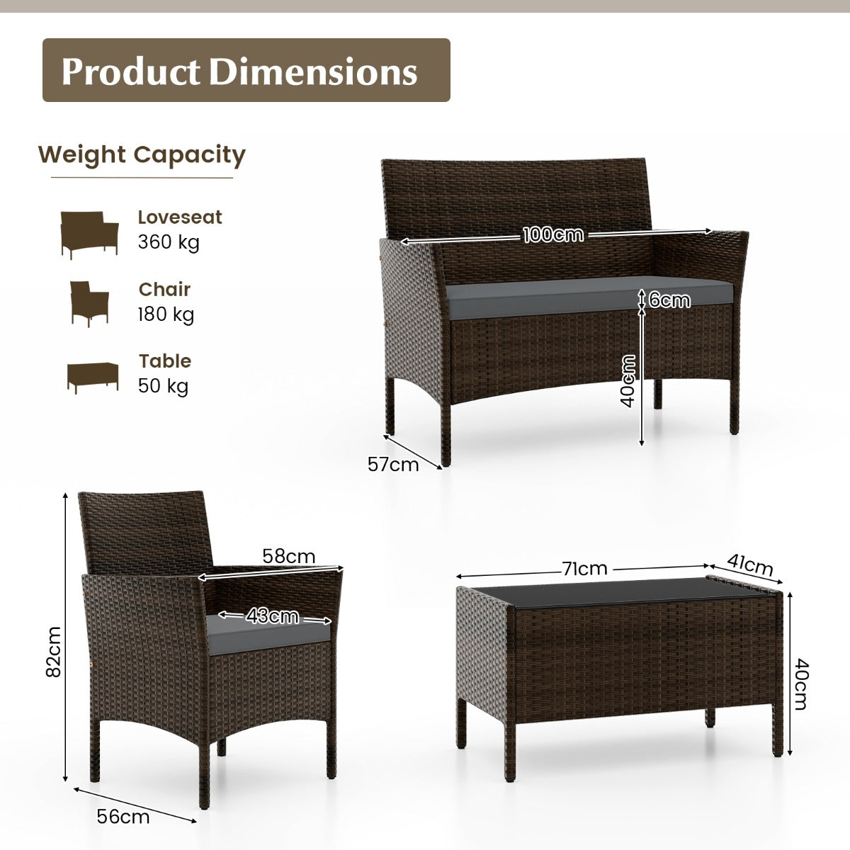LIVSK Tuinmeubelset - Handgevlochten PE-rotan - Dikke Kussens - Gehard Glas Tafel - Voor 4 Personen - Bruin+Zwart/Bruin+Grijs