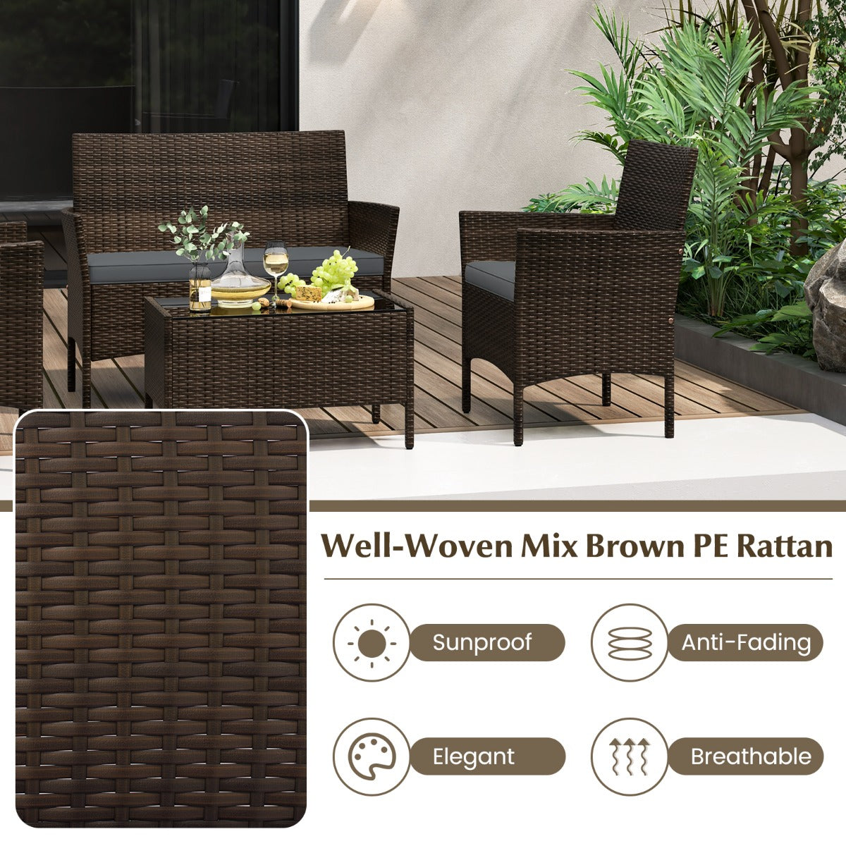 LIVSK Tuinmeubelset - Handgevlochten PE-rotan - Dikke Kussens - Gehard Glas Tafel - Voor 4 Personen - Bruin+Zwart/Bruin+Grijs
