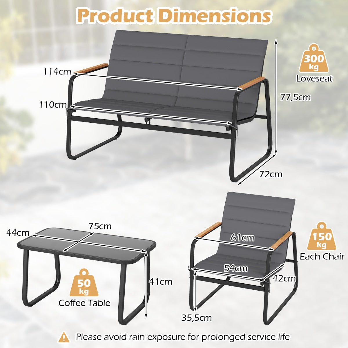 LIVSK Tuinmeubelset - Veiligheidsglas - Beklede Terrasstoelen - Salontafel - Grijs
