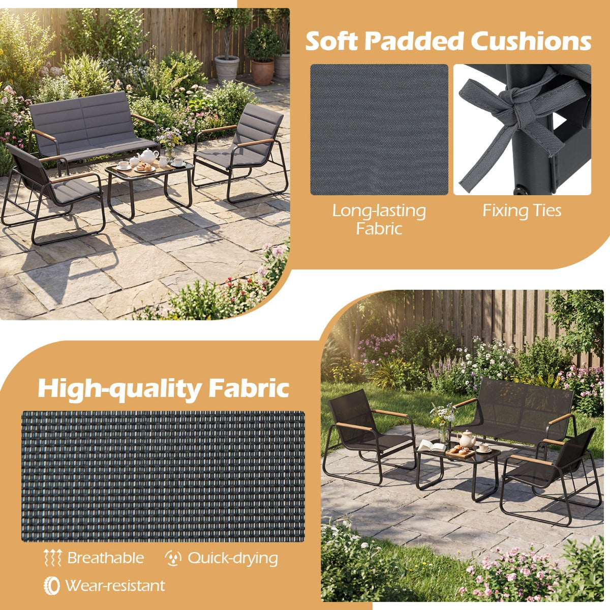 LIVSK Tuinmeubelset - Veiligheidsglas - Beklede Terrasstoelen - Salontafel - Grijs