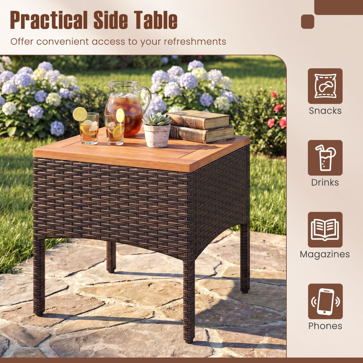 LIVSK Tuinmeubelset - Weerbestendig PE-rotan - Acaciahouten Tafel - Comfortabele Kussens - Geschikt voor Buiten - Gemengd Bruin