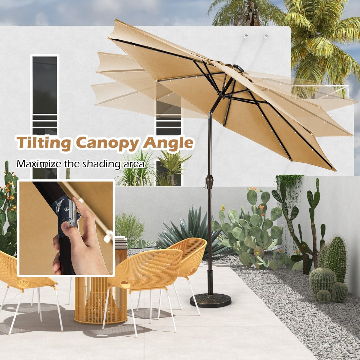 LIVSK Tuinparasol - 3 m UV-Bescherming - Zonne-energie LED Verlichting - Kantelmechanisme - Beige