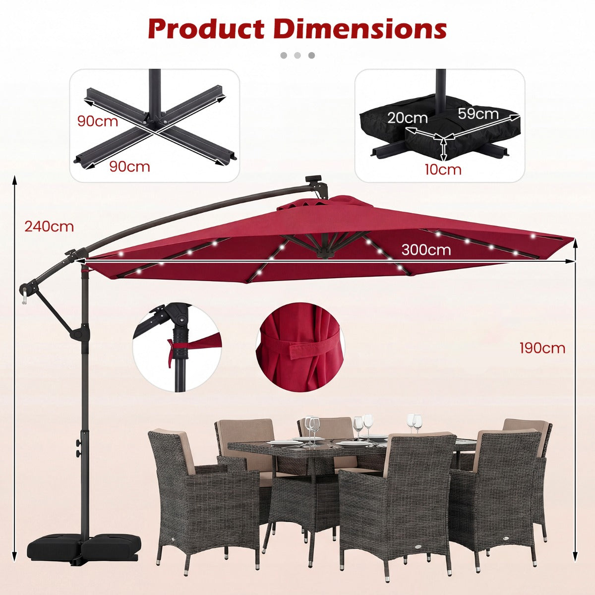 LIVSK Tuinparasol op Zonne-energie - 32 LED-lampjes - Verstelbare Hoek - Duurzaam Polyester - 300 x 240 cm - Beige/Grijs/Bruin