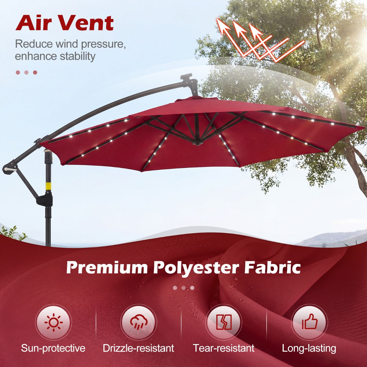 LIVSK Tuinparasol op Zonne-energie - 32 LED-lampjes - Verstelbare Hoek - Duurzaam Polyester - 300 x 240 cm - Beige/Grijs/Bruin