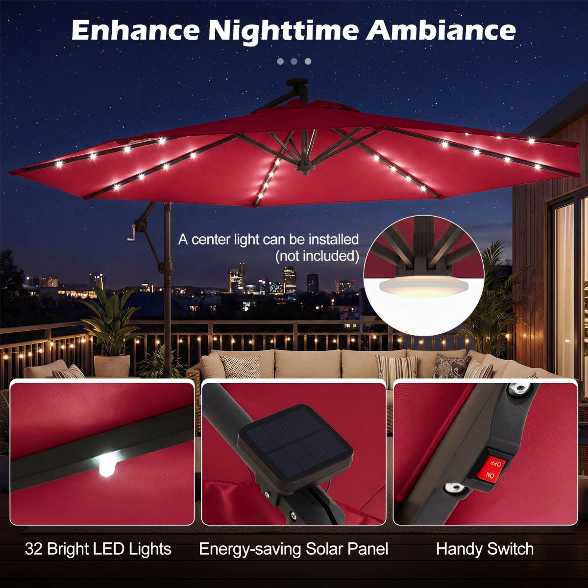 LIVSK Tuinparasol op Zonne-energie - 32 LED-lampjes - Verstelbare Hoek - Duurzaam Polyester - 300 x 240 cm - Beige/Grijs/Bruin