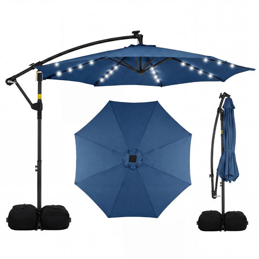 LIVSK Tuinparasol op Zonne-energie - 360° Draaibaar - 32 LED-lampjes - Stabiele Kruisvoet - Beige/Grijs/Bruin