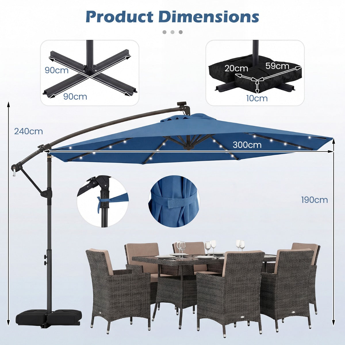 LIVSK Tuinparasol op Zonne-energie - 360° Draaibaar - 32 LED-lampjes - Stabiele Kruisvoet - Beige/Grijs/Bruin