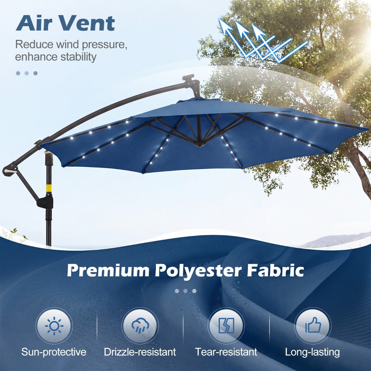 LIVSK Tuinparasol op Zonne-energie - 360° Draaibaar - 32 LED-lampjes - Stabiele Kruisvoet - Beige/Grijs/Bruin