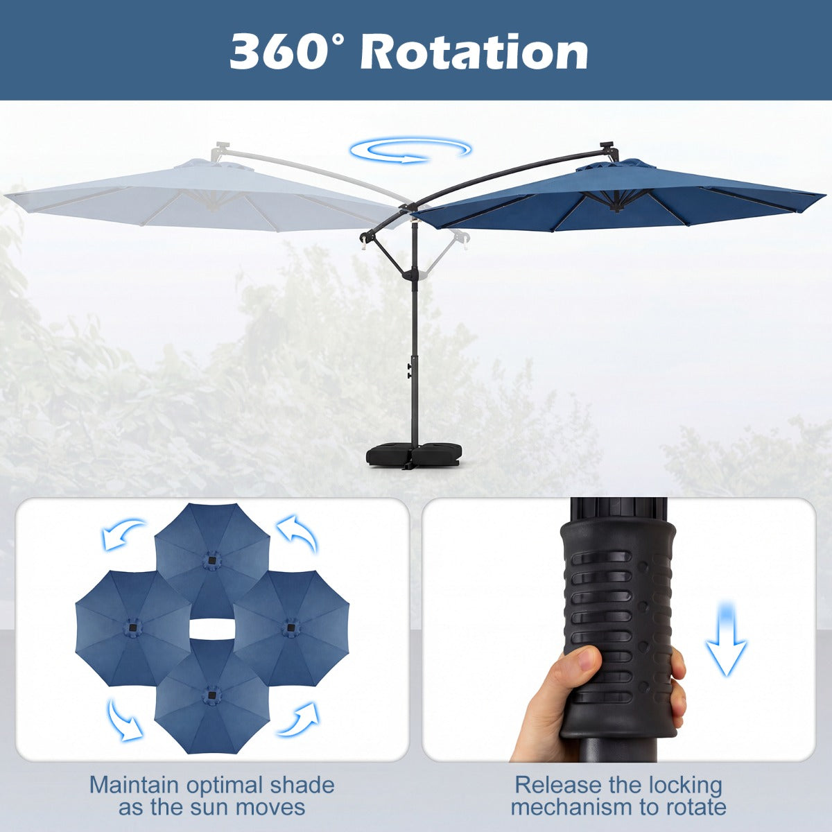 LIVSK Tuinparasol op Zonne-energie - 360° Draaibaar - 32 LED-lampjes - Stabiele Kruisvoet - Beige/Grijs/Bruin