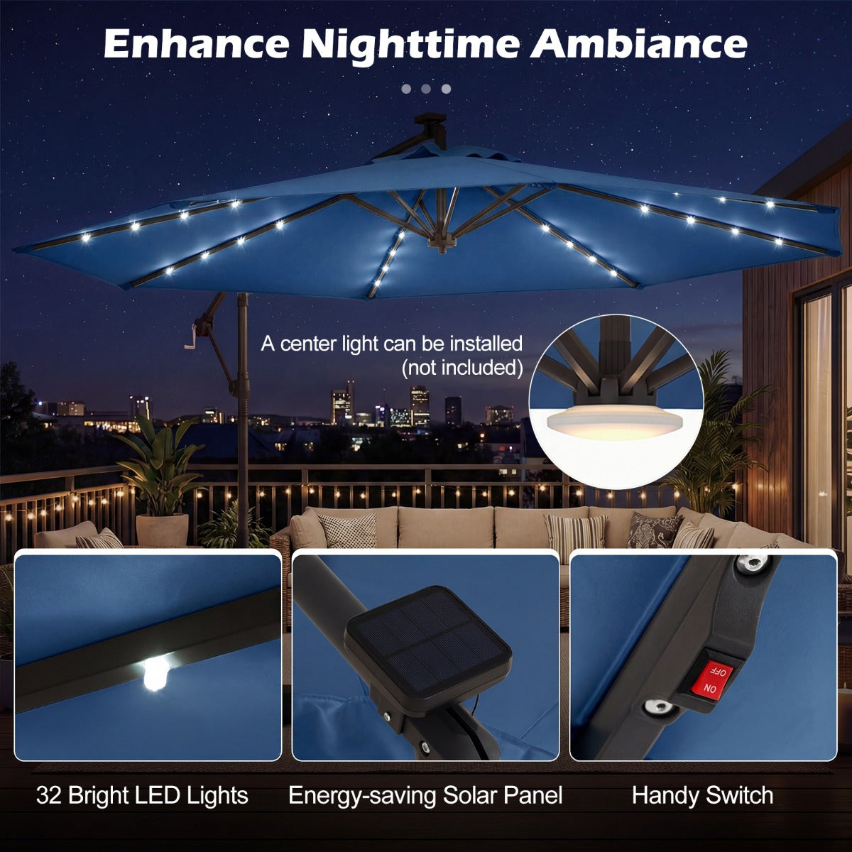 LIVSK Tuinparasol op Zonne-energie - 360° Draaibaar - 32 LED-lampjes - Stabiele Kruisvoet - Beige/Grijs/Bruin