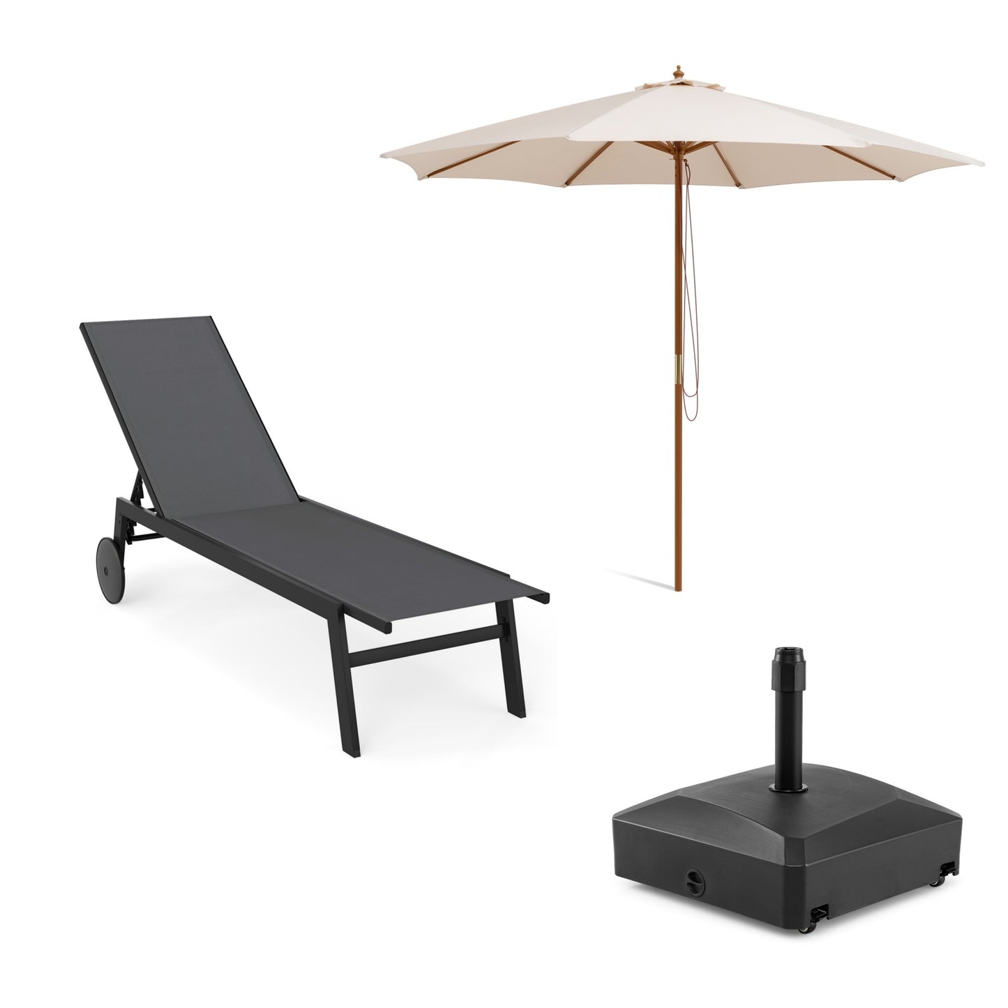 LIVSK Tuinset met Parasol en Ligstoel - Verstelbare Hoogte - UV-bestendig Polyester - Inclusief Vulbare Voet - Beige/Zwart