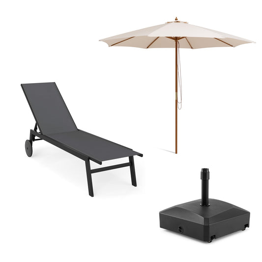 LIVSK Tuinset met Parasol en Ligstoel - Verstelbare Hoogte - UV-bestendig Polyester - Inclusief Vulbare Voet - Beige/Zwart