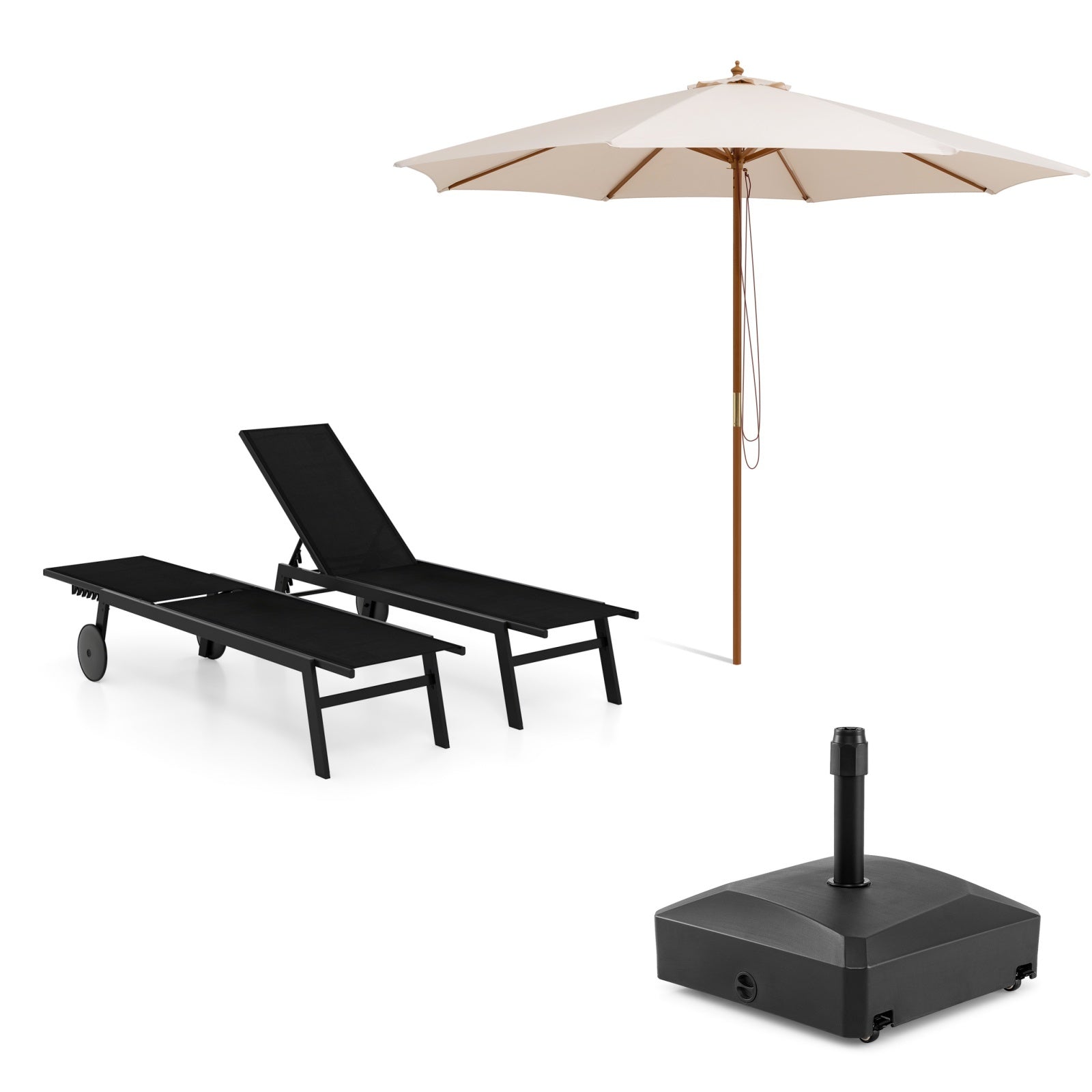 LIVSK Tuinset met Parasol en Ligstoel - Verstelbare Rugleuning - Stevige Bamboe en HDPE - Gemakkelijk te Verplaatsen - Beige en