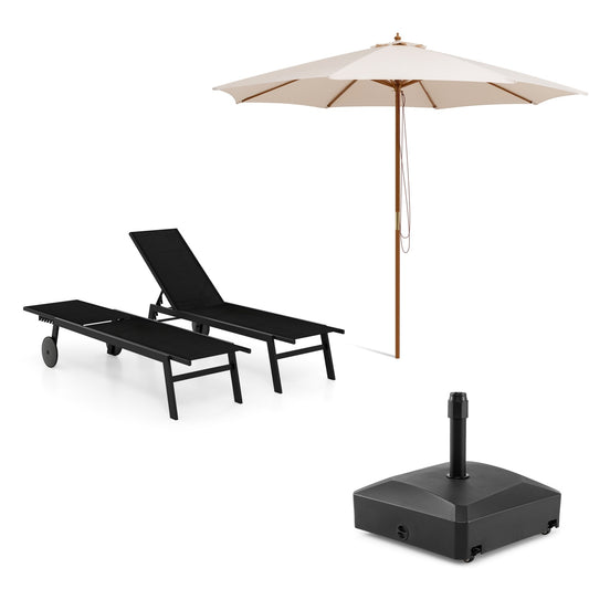 LIVSK Tuinset met Parasol en Ligstoel - Verstelbare Rugleuning - Stevige Bamboe en HDPE - Gemakkelijk te Verplaatsen - Beige en