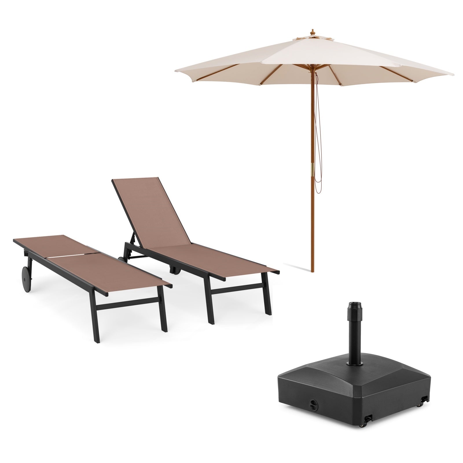 LIVSK Tuinset - Parasol met Touwkatrolsysteem - Vulbare Parasolvoet met Wieltjes - Verstelbare Ligstoel - Beige en Zwart