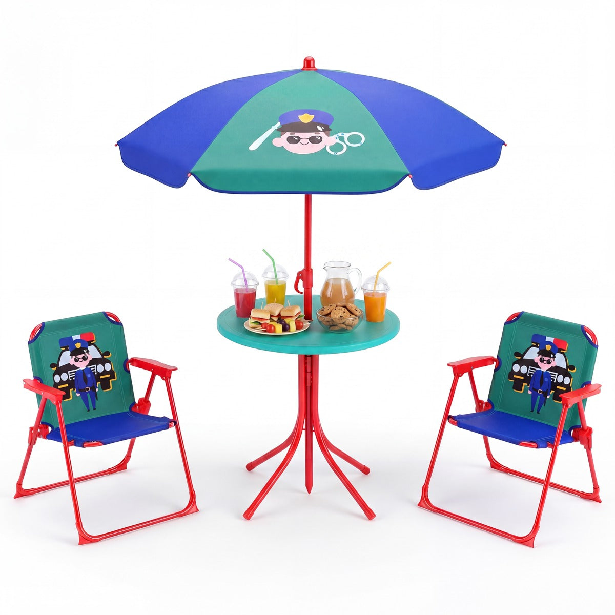 LIVSK Tuinset voor Kinderen - Compleet met Tafel en 2 Klapstoelen - Verstelbare Parasol - Veilig en Draagbaar - Blauw & Groen