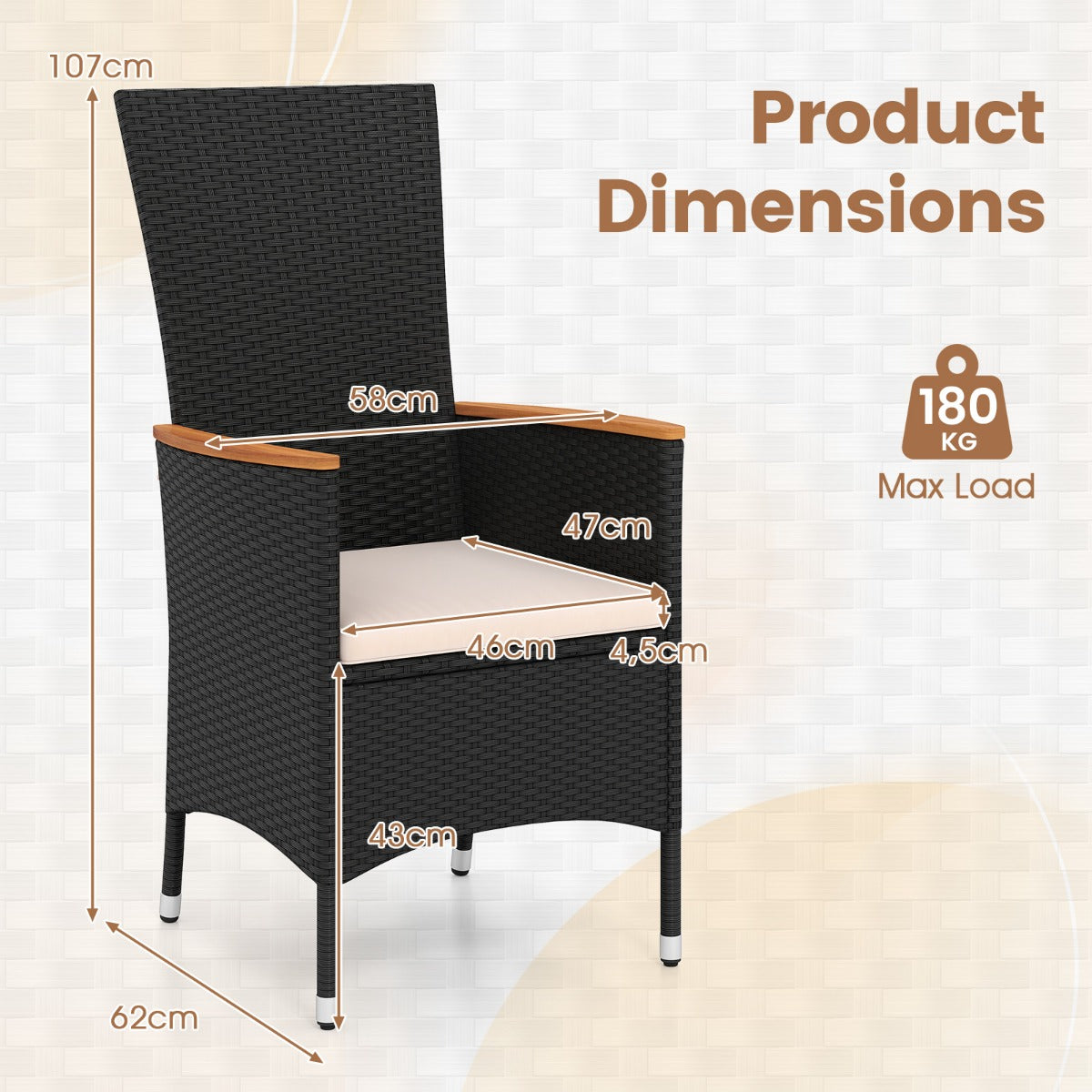LIVSK Tuinstoelen Set van 2/4 - Handgevlochten PE-Rotan - Comfortabele Kussens - Stevig Metalen Frame - Zwart
