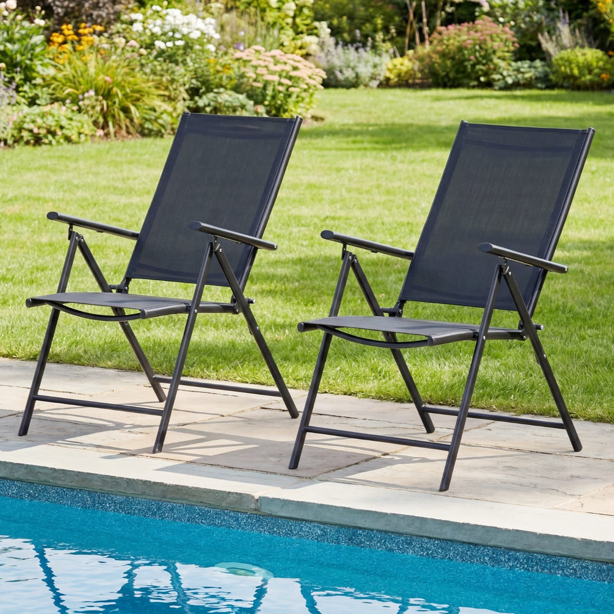 LIVSK Tuinstoelen Set van 2 - Ademend Teslin - 5-voudig Verstelbare Rugleuning - Opvouwbaar - Metalen Frame - Zwart