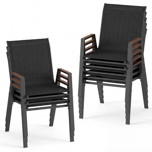 LIVSK Tuinstoelen Set van 8 - Ademend Teslin-weefsel - Ergonomische Rugleuning - Stapelbaar en Lichtgewicht - Zwart