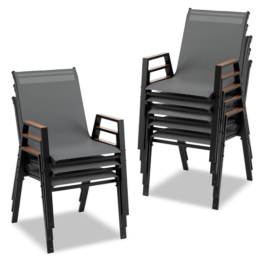 LIVSK Tuinstoelen Set van 8 - Ademend Teslin-weefsel - Ergonomische Rugleuning - Stapelbaar - Grijs
