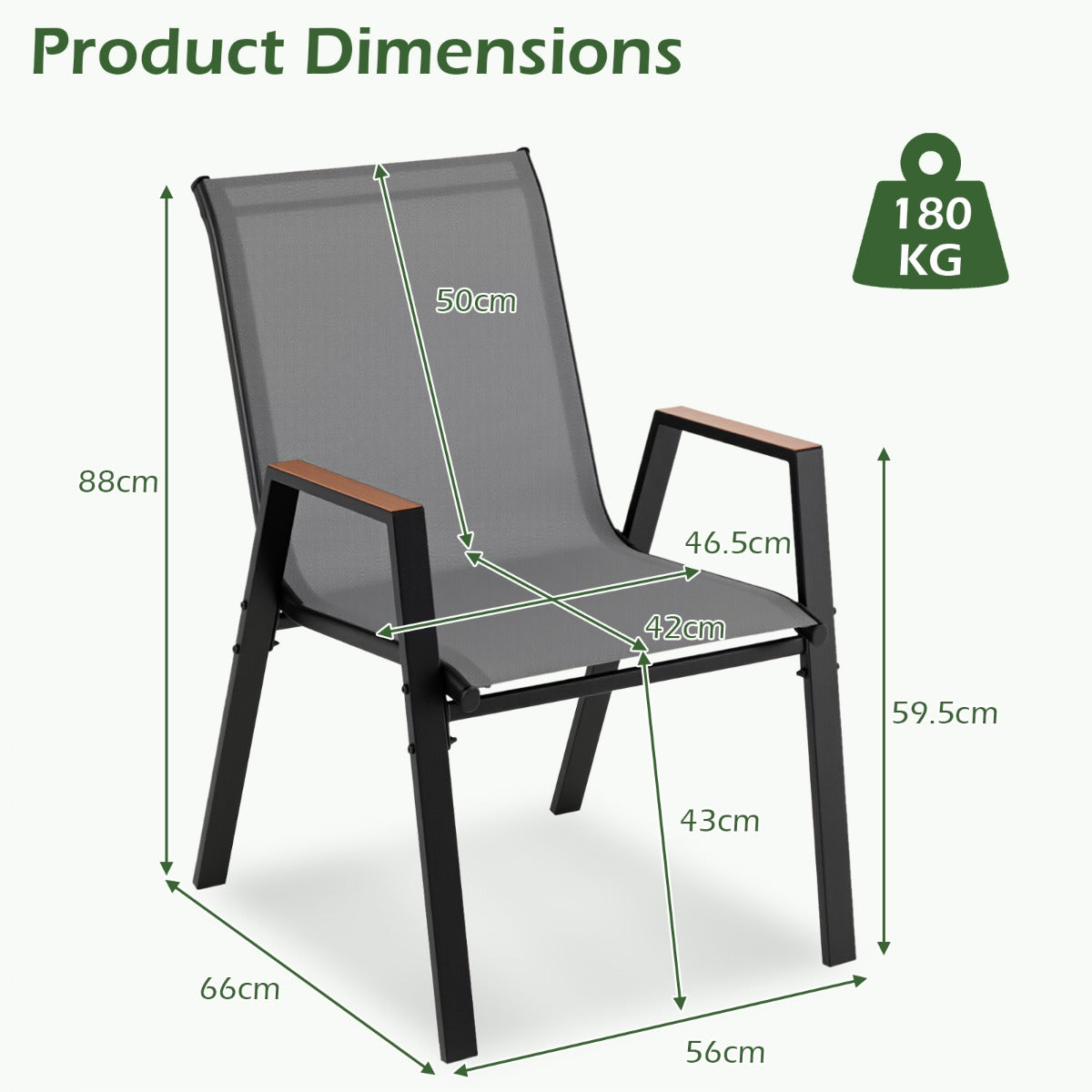 LIVSK Tuinstoelen Set van 8 - Ademend Teslin-weefsel - Ergonomische Rugleuning - Stapelbaar - Tot 180 kg - Grijs