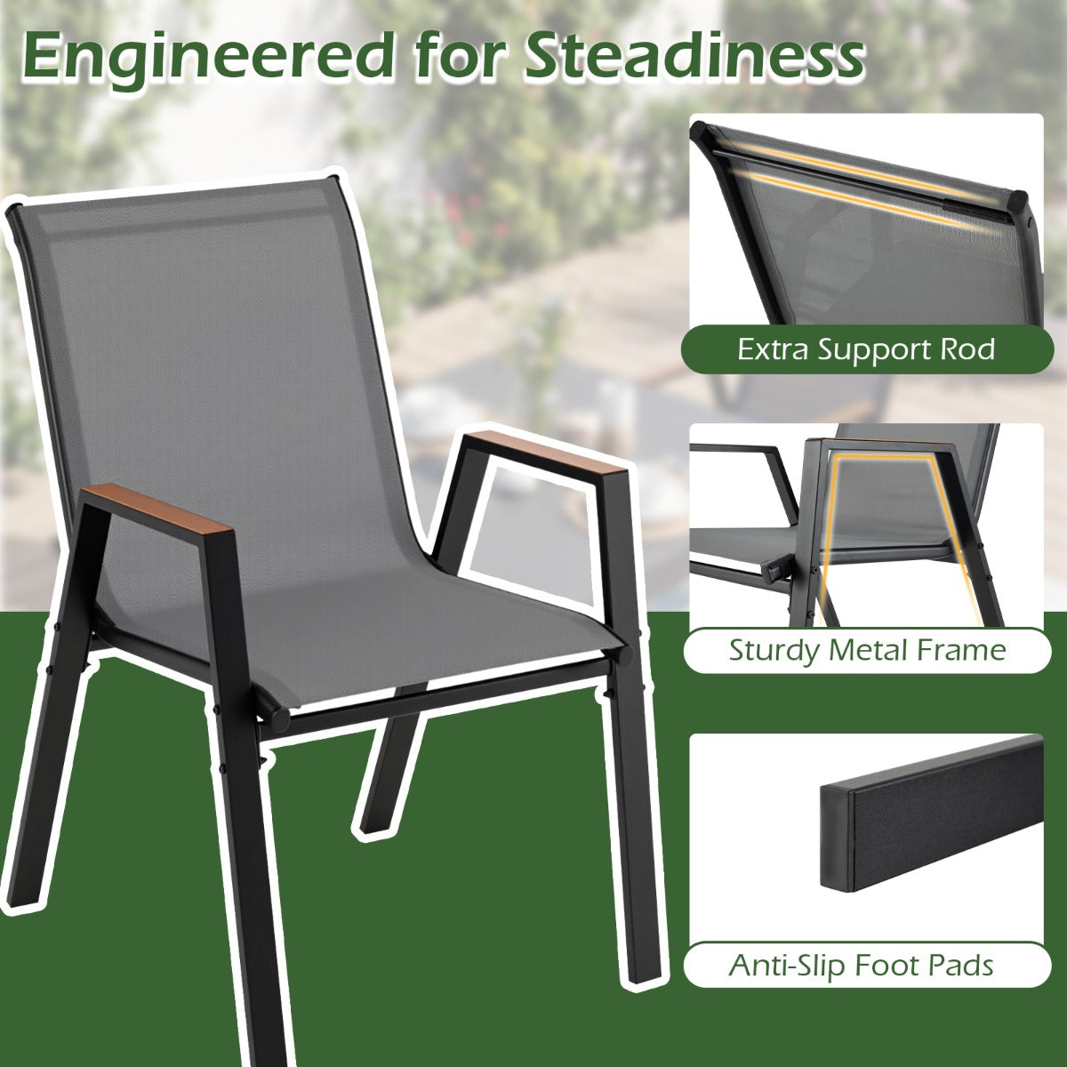 LIVSK Tuinstoelen Set van 8 - Ademend Teslin-weefsel - Ergonomische Rugleuning - Stapelbaar - Tot 180 kg - Grijs