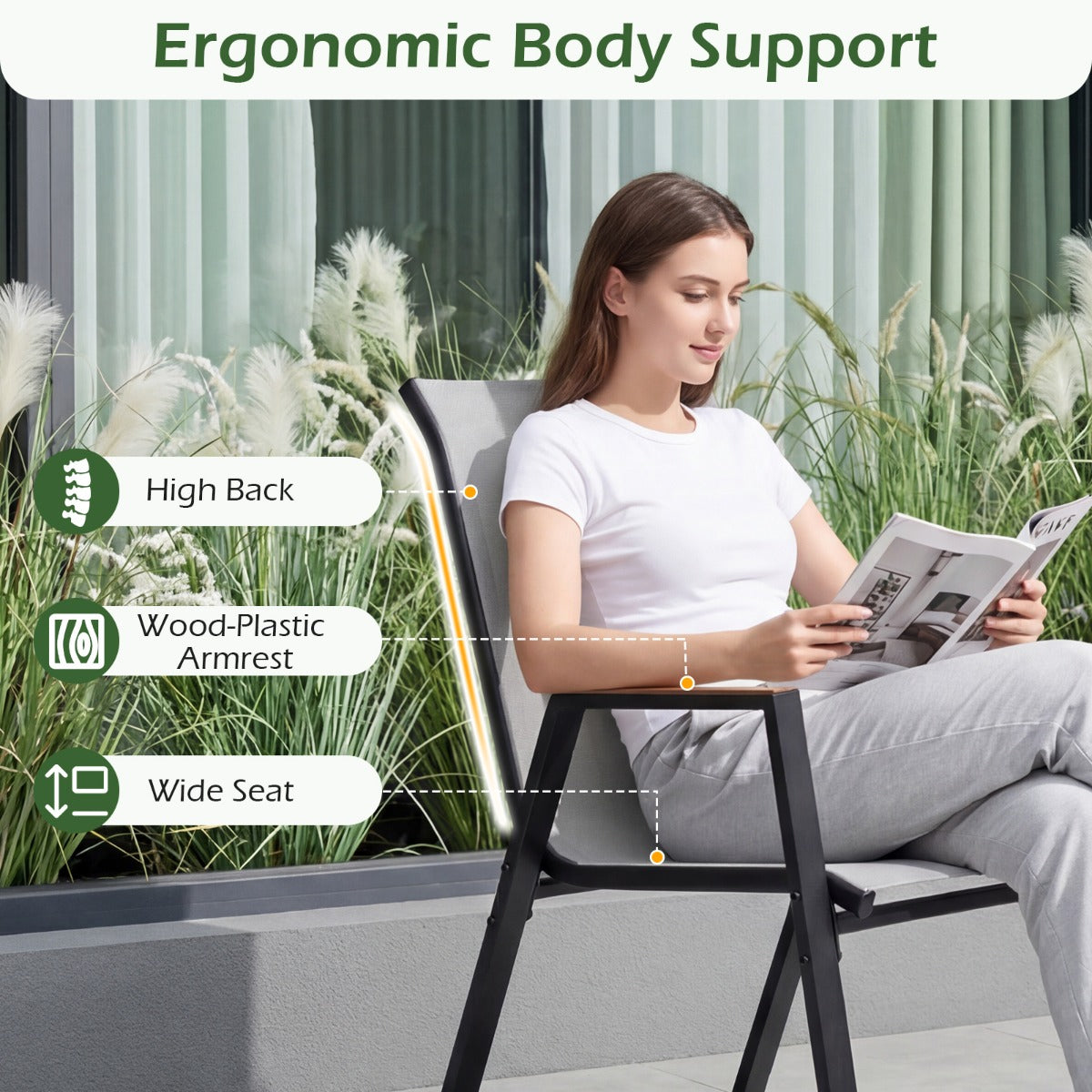 LIVSK Tuinstoelen Set van 8 - Ademend Teslin-weefsel - Ergonomische Rugleuning - Stapelbaar - Tot 180 kg - Grijs