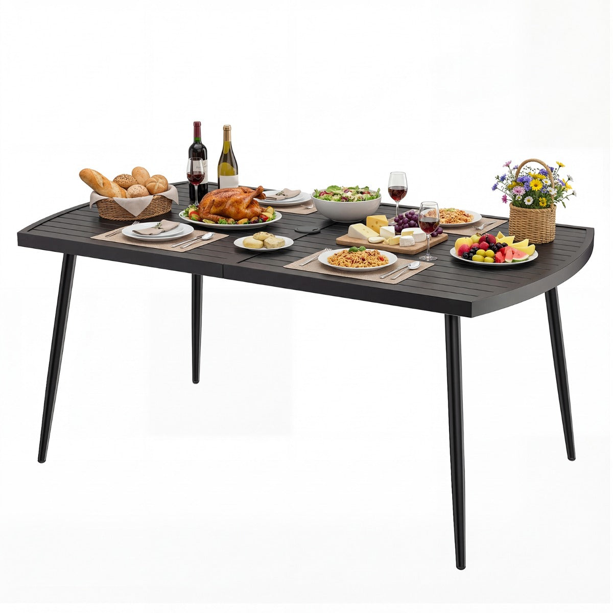 LIVSK Tuintafel 160 x 90 cm - Voor 6 Personen - Robuust Metaal - Parasolgat 4 cm - Eenvoudige Montage - Zwart