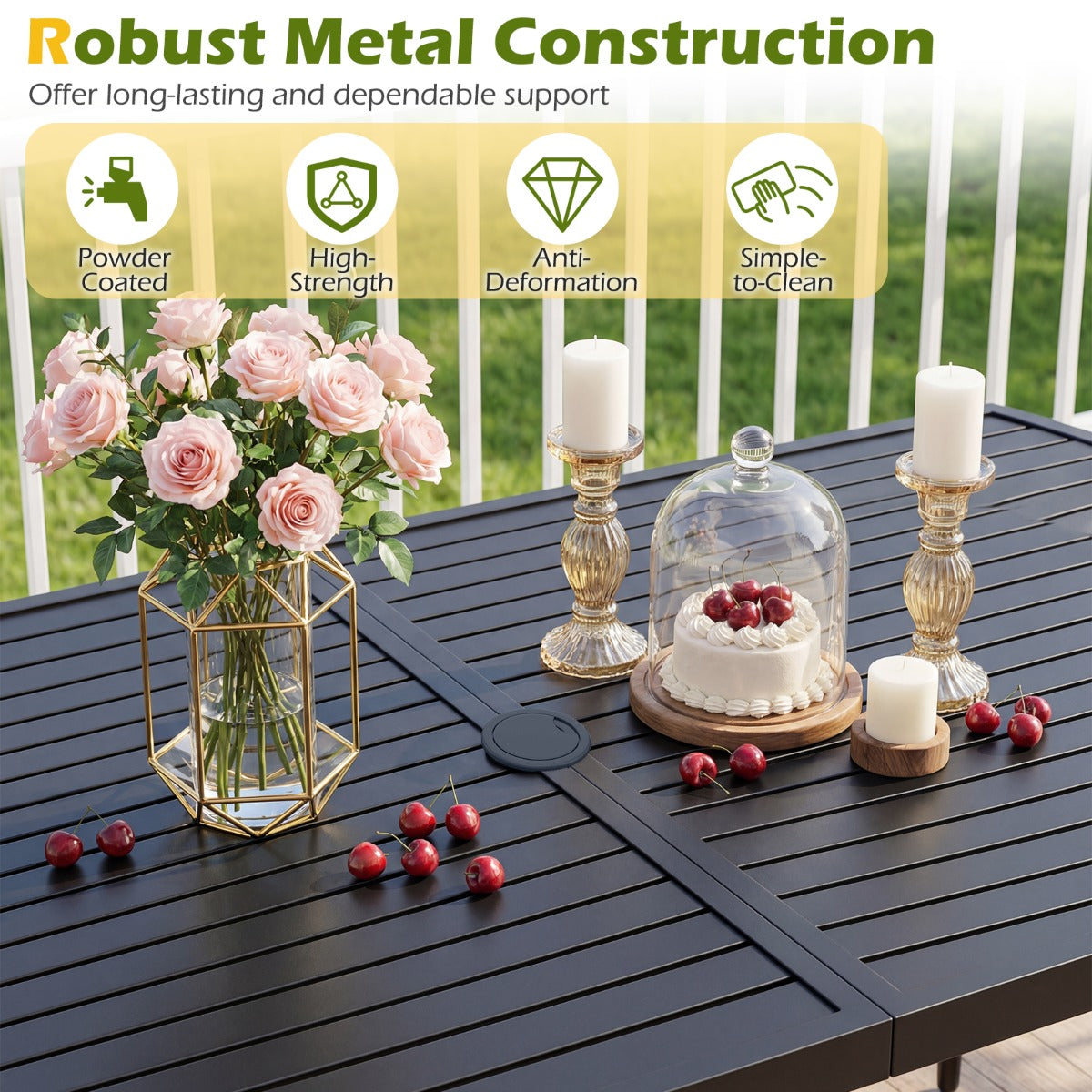 LIVSK Tuintafel 160 x 90 cm - Voor 6 Personen - Robuust Metaal - Parasolgat 4 cm - Eenvoudige Montage - Zwart