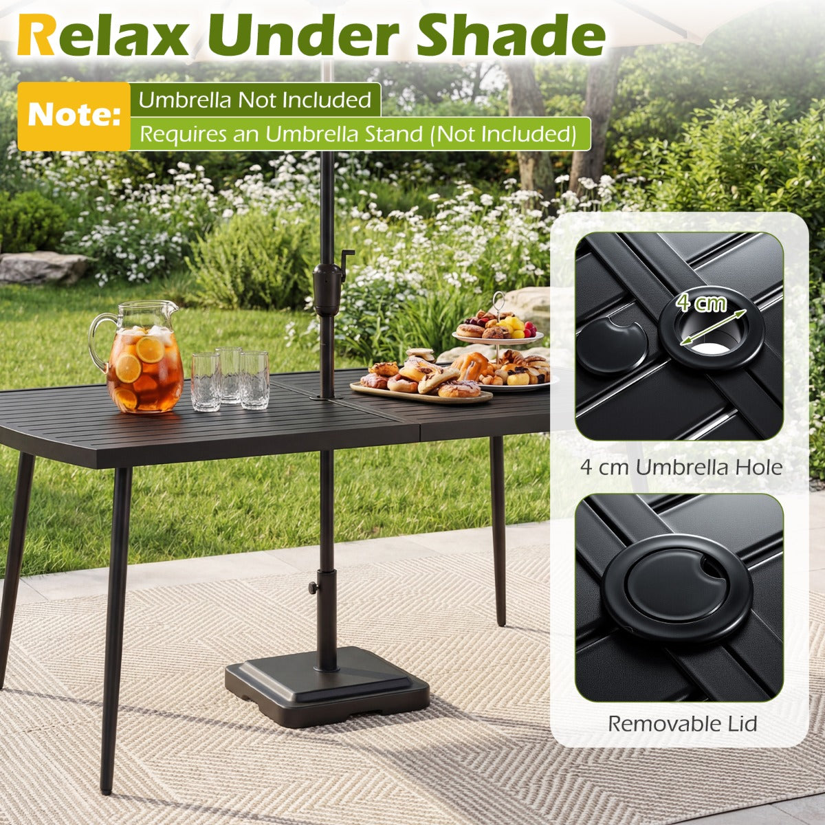 LIVSK Tuintafel 160 x 90 cm - Voor 6 Personen - Robuust Metaal - Parasolgat 4 cm - Eenvoudige Montage - Zwart