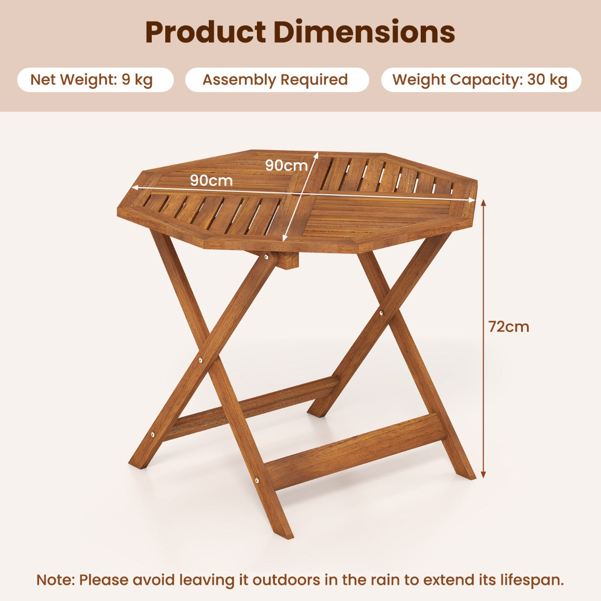LIVSK Tuintafel - Massief Hout - Achthoekig 90 cm - Parasolgat - Onderhoudsvriendelijk - Teak