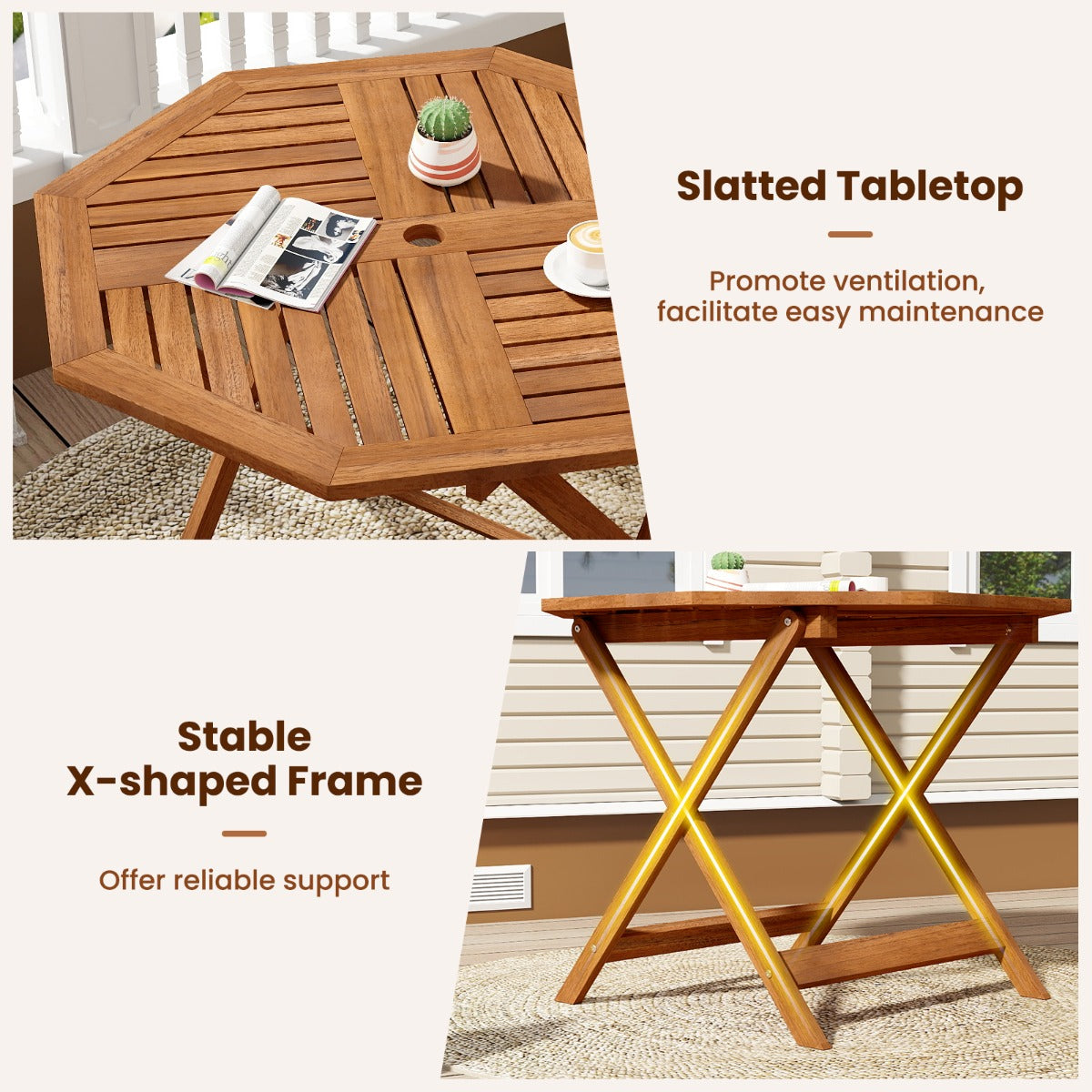 LIVSK Tuintafel - Massief Hout - Achthoekig 90 cm - Parasolgat - Onderhoudsvriendelijk - Teak