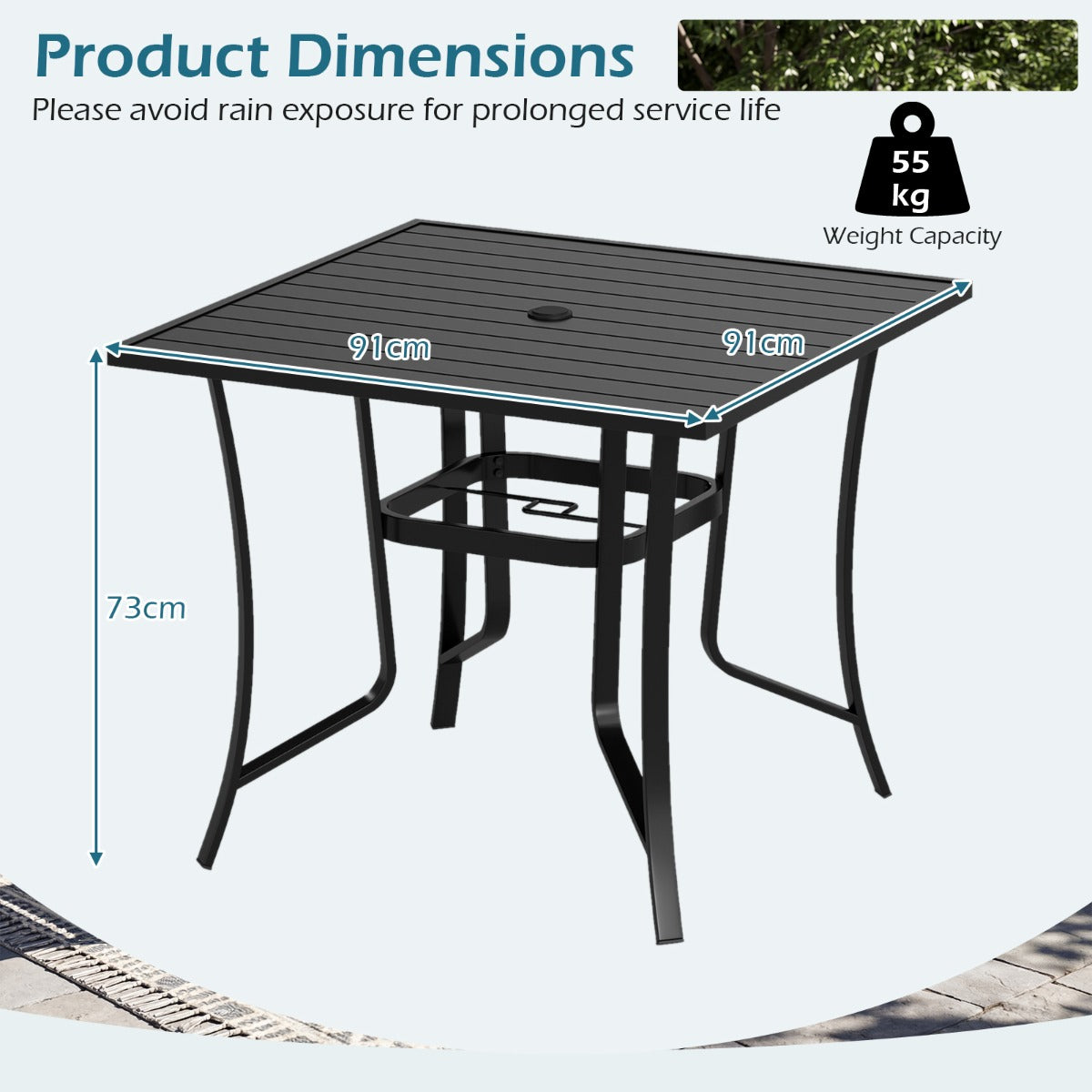LIVSK Tuintafel met Parasolgat - Gepoedercoat Metaal - Onderhoudsvriendelijk - Stabiele Constructie - 91x91 cm - Zwart