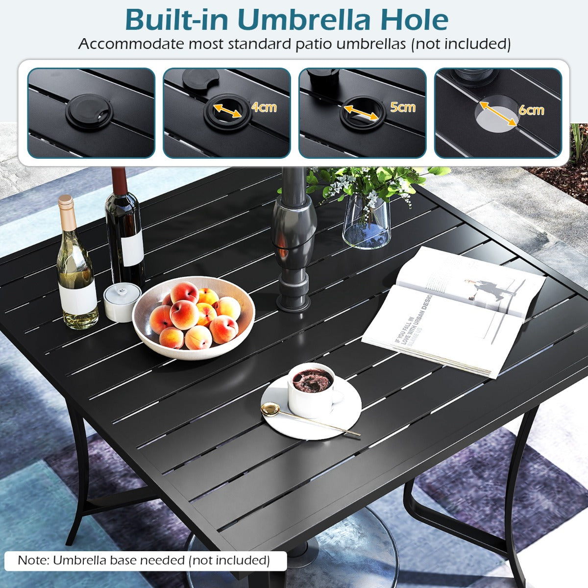 LIVSK Tuintafel met Parasolgat - Gepoedercoat Metaal - Onderhoudsvriendelijk - Stabiele Constructie - 91x91 cm - Zwart