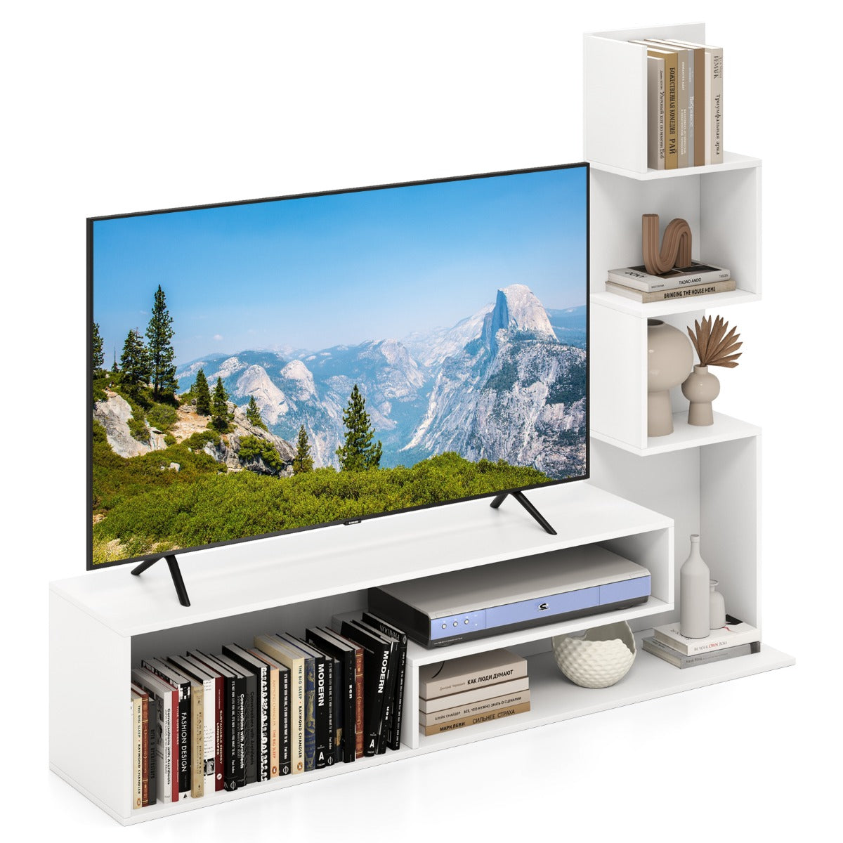 LIVSK TV-Standaard voor TV's tot 50 Inch - Bewerkt Hout - L-vormige Opbergplanken - Anti-kantelset - Wit