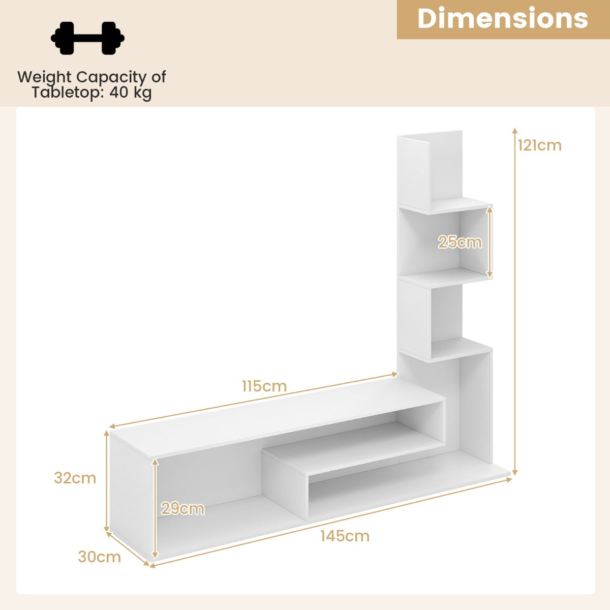 LIVSK TV-Standaard voor TV's tot 50 Inch - Bewerkt Hout - L-vormige Opbergplanken - Anti-kantelset - Wit