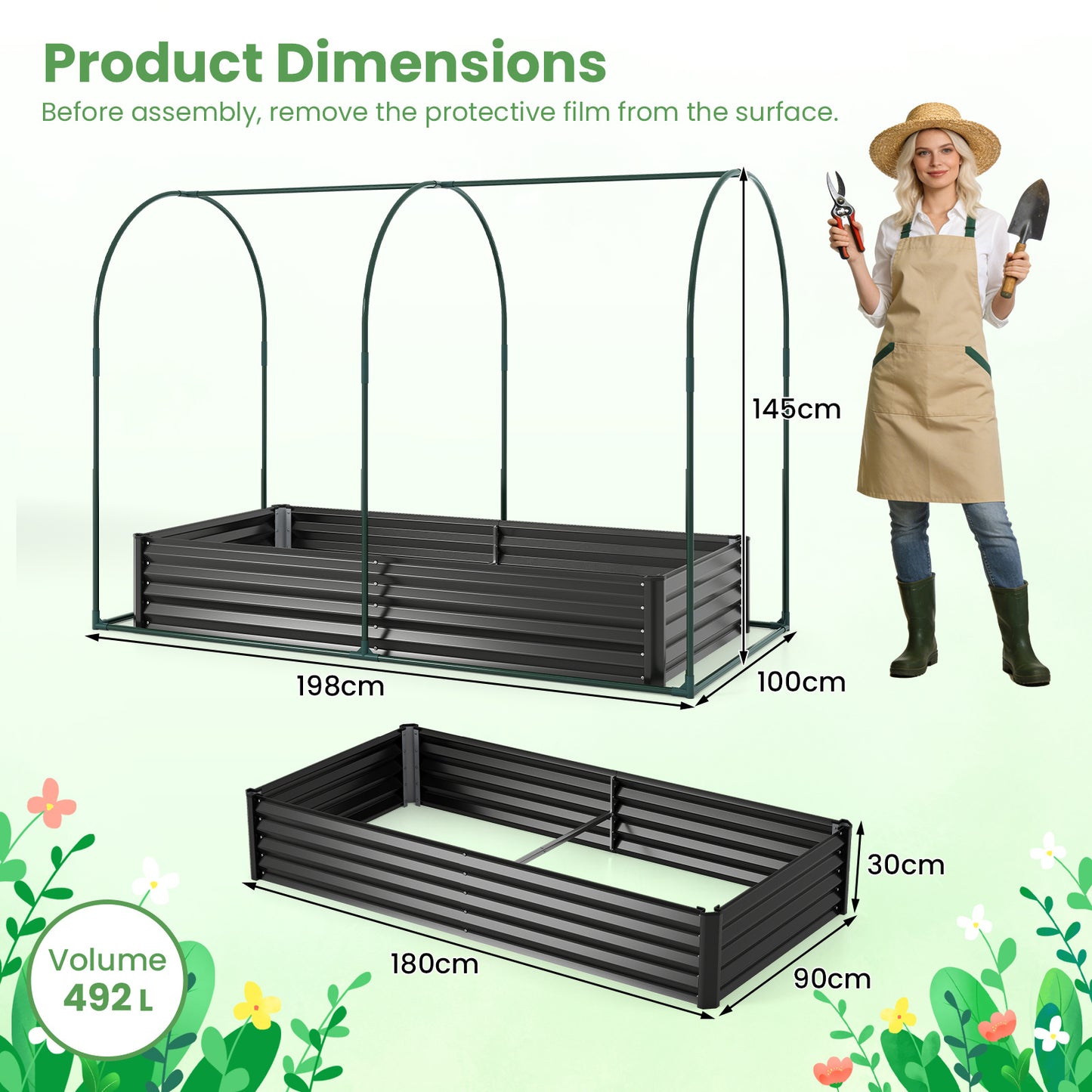 LIVSK Verhoogd Bed met Kas - 3-in-1 Ontwerp - Duurzame PVC-afdekking - Robuust Metaal - 492L Inhoud - Zwart/Zilver