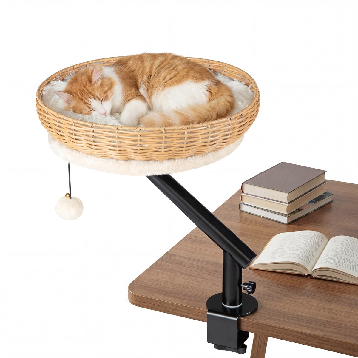 LIVSK Verhoogd Kattenbed voor Bureau - 360° Draaibaar - PE-Rotan - Eenvoudige Montage - Tot 10 kg - Naturel + Zwart + Wit