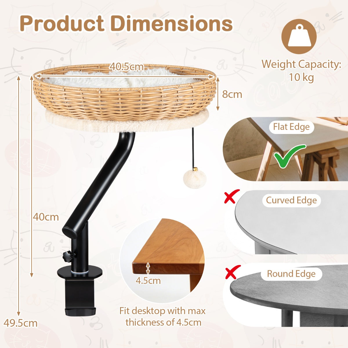 LIVSK Verhoogd Kattenbed voor Bureau - 360° Draaibaar - PE-Rotan - Eenvoudige Montage - Tot 10 kg - Naturel + Zwart + Wit