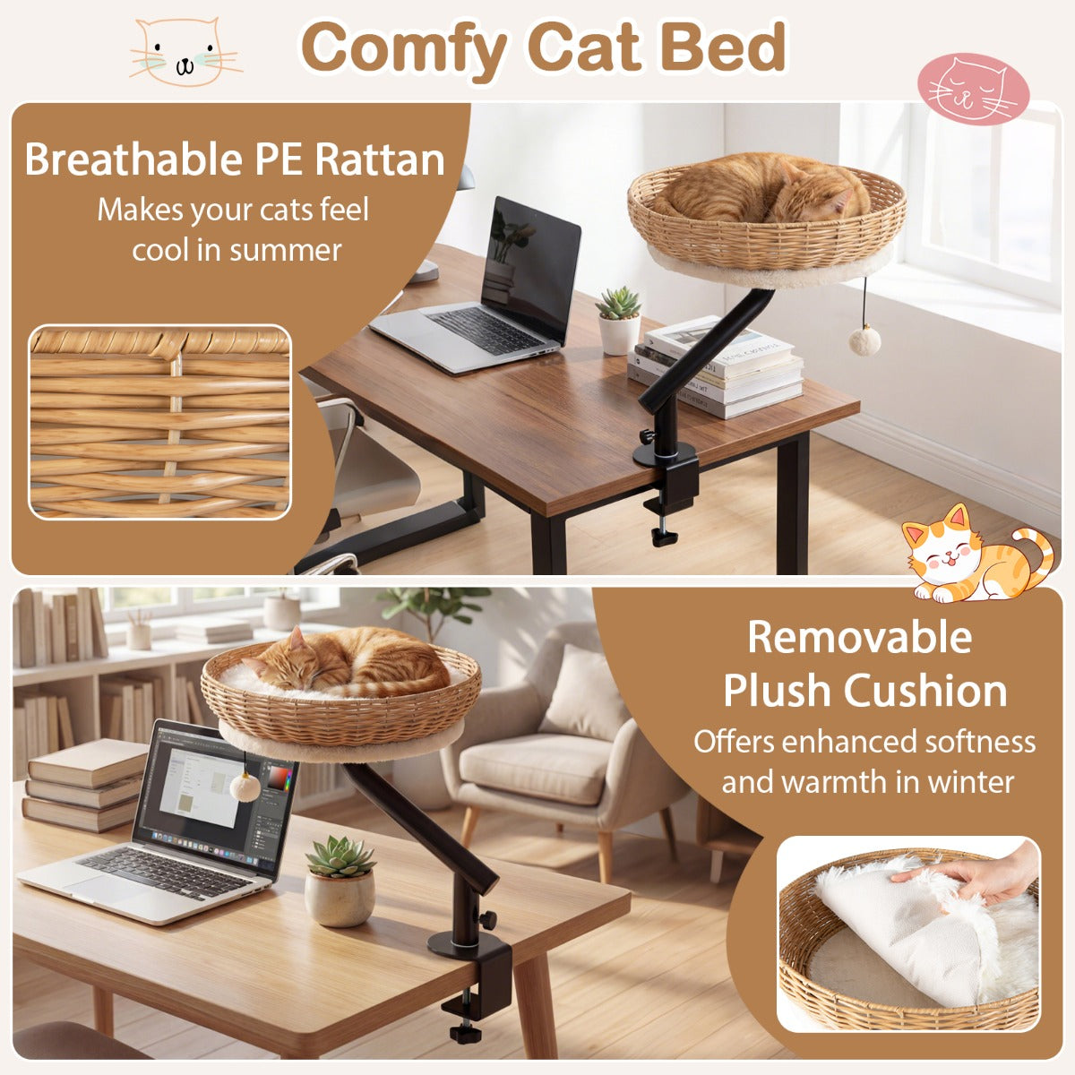 LIVSK Verhoogd Kattenbed voor Bureau - 360° Draaibaar - PE-Rotan - Eenvoudige Montage - Tot 10 kg - Naturel + Zwart + Wit