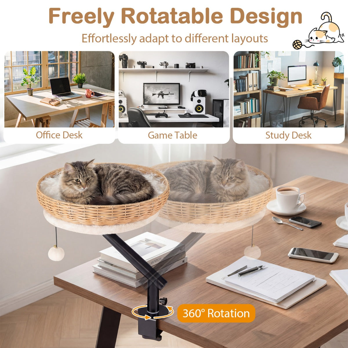LIVSK Verhoogd Kattenbed voor Bureau - 360° Draaibaar - PE-Rotan - Eenvoudige Montage - Tot 10 kg - Naturel + Zwart + Wit