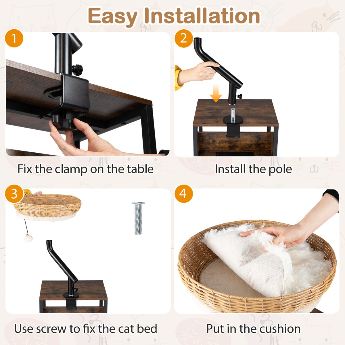 LIVSK Verhoogd Kattenbed voor Bureau - 360° Draaibaar - PE-Rotan - Eenvoudige Montage - Tot 10 kg - Naturel + Zwart + Wit