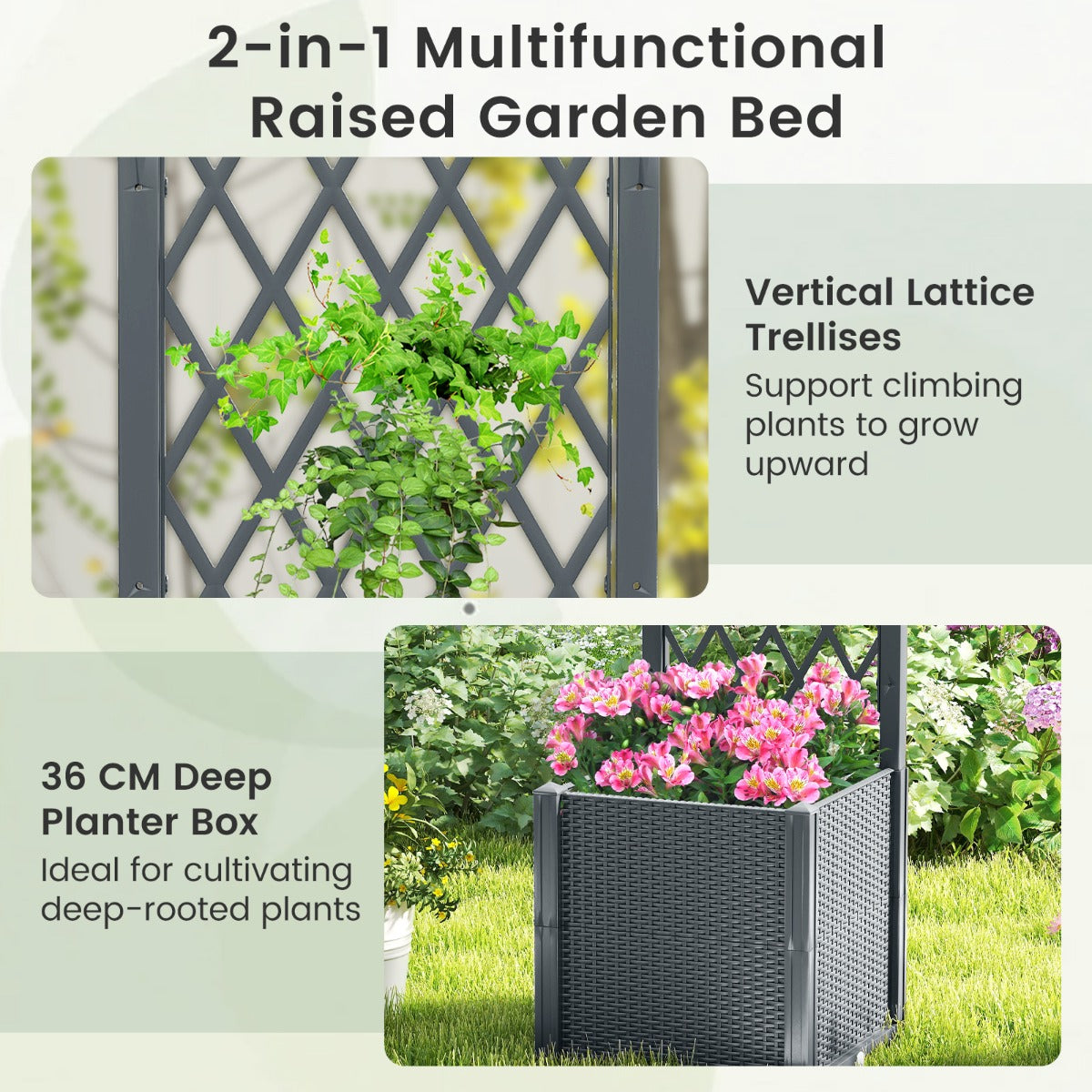 LIVSK Verhoogd Tuinbed 2-in-1 - Zelfbewateringssysteem - Uitbreidbaar Ontwerp - Stevig PP-Materiaal - 40 x 40 x 140 cm - Grijs