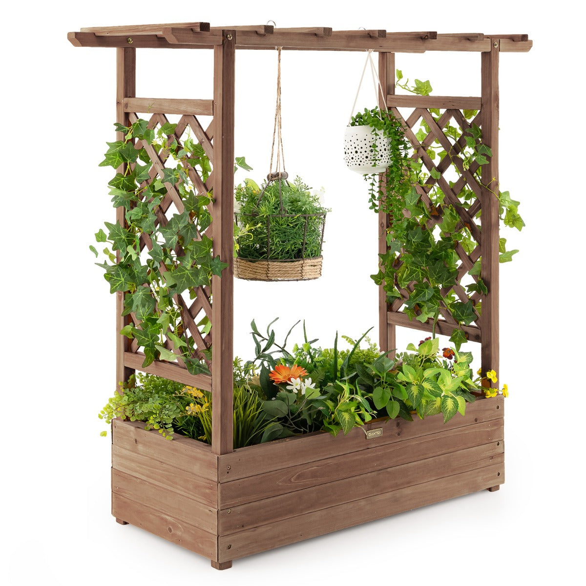 LIVSK Verhoogd Tuinbed met Latwerk - Massief Houten Frame - 4 Drainagegaten - Eenvoudige Montage - Bruin