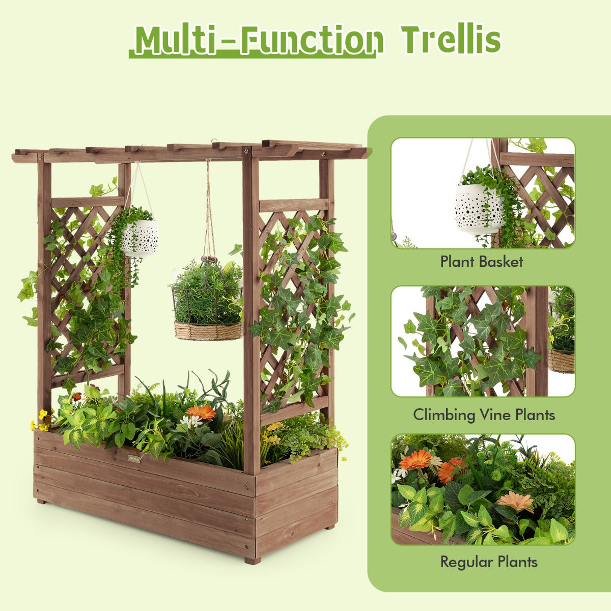 LIVSK Verhoogd Tuinbed met Latwerk - Massief Houten Frame - 4 Drainagegaten - Eenvoudige Montage - Bruin