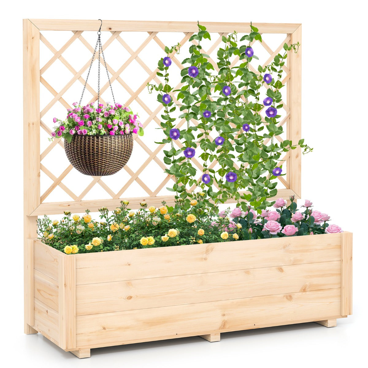 LIVSK Verhoogde Plantenbak met Trellis - 100% Grenenhout - Eenvoudig te Monteren - Effectief Drainagesysteem - Natuurlijk