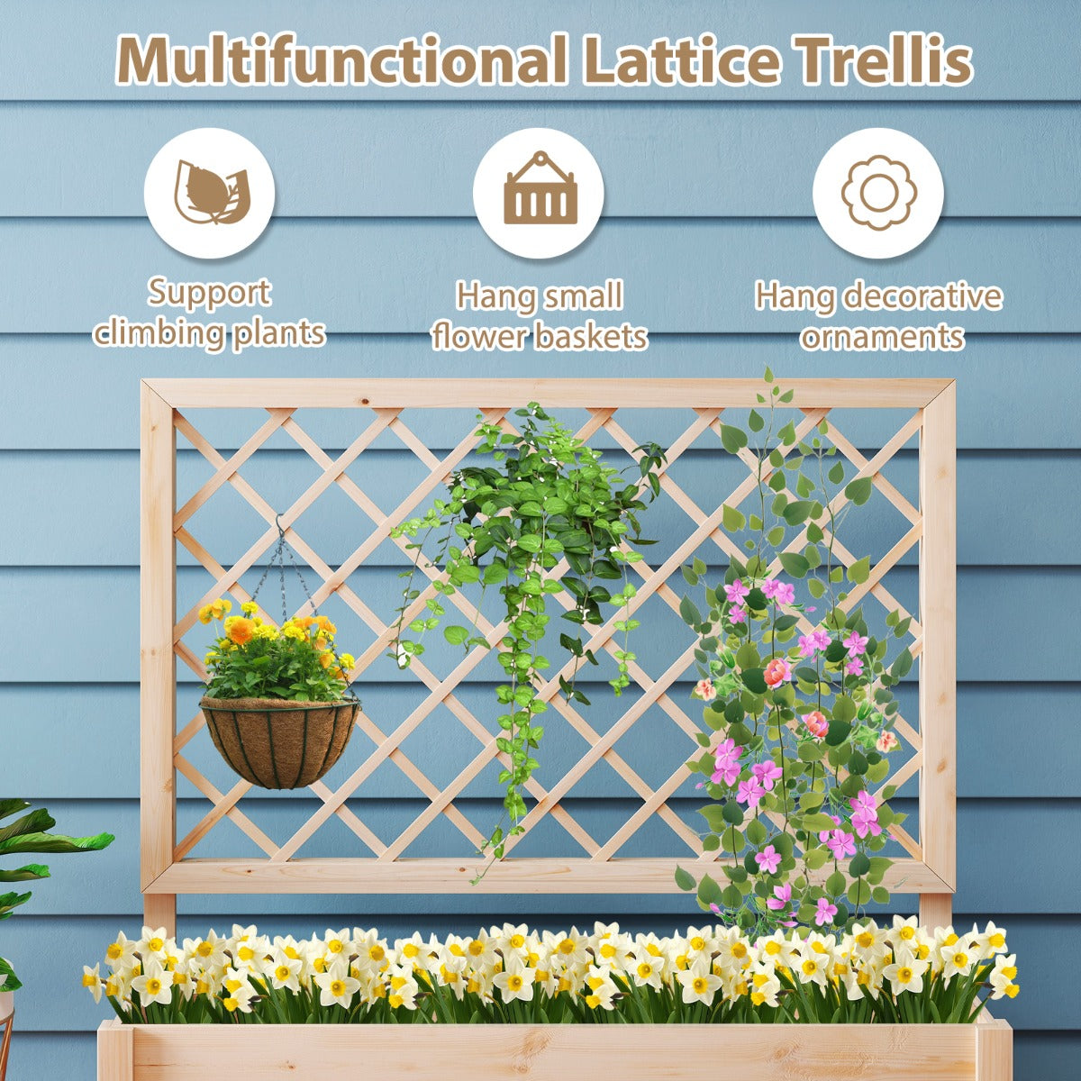 LIVSK Verhoogde Plantenbak met Trellis - 100% Grenenhout - Eenvoudig te Monteren - Effectief Drainagesysteem - Natuurlijk