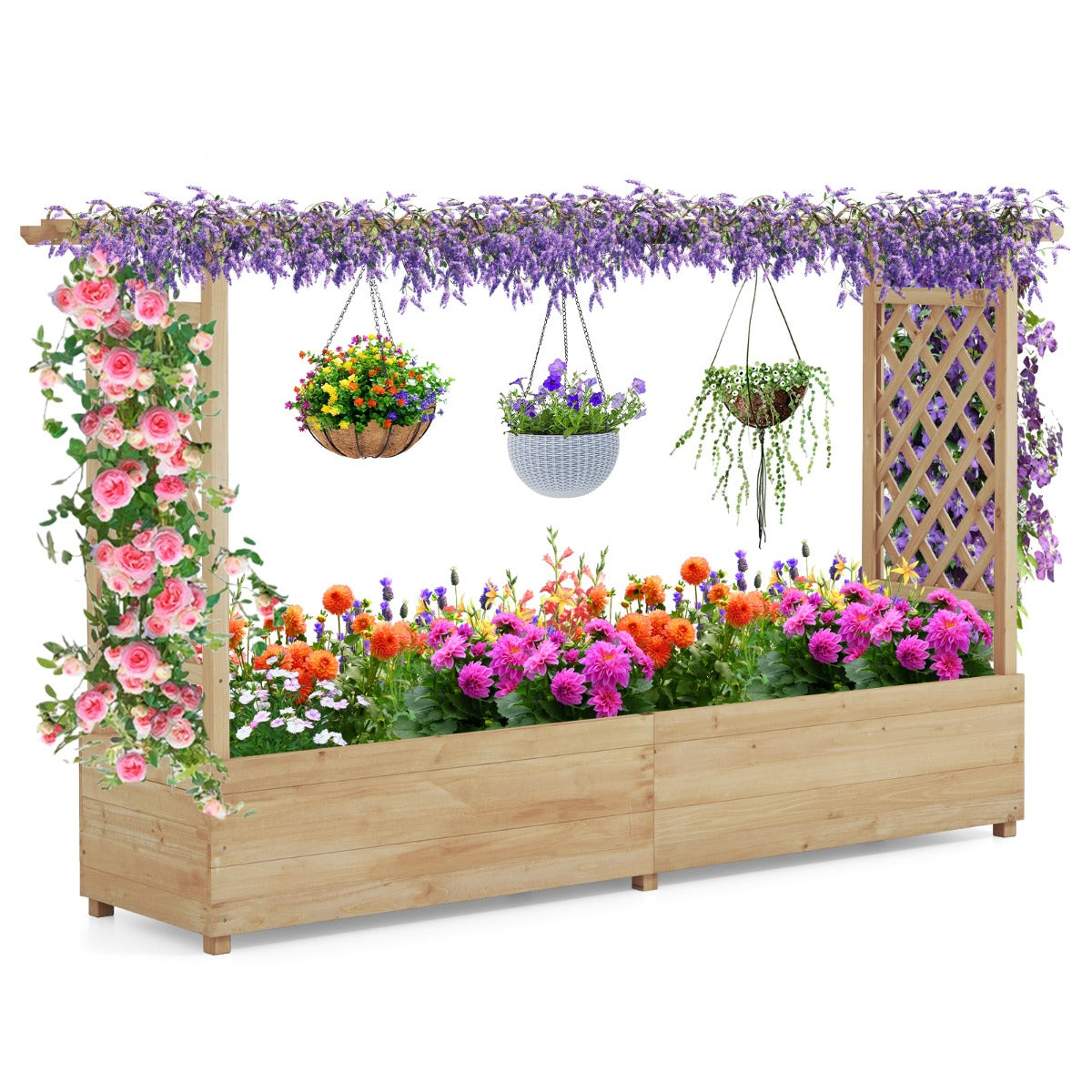 LIVSK Verhoogde Plantenbak met Trellis - 100% Natuurlijk Dennenhout - Uitstekende Waterafvoer - Eenvoudige Montage -