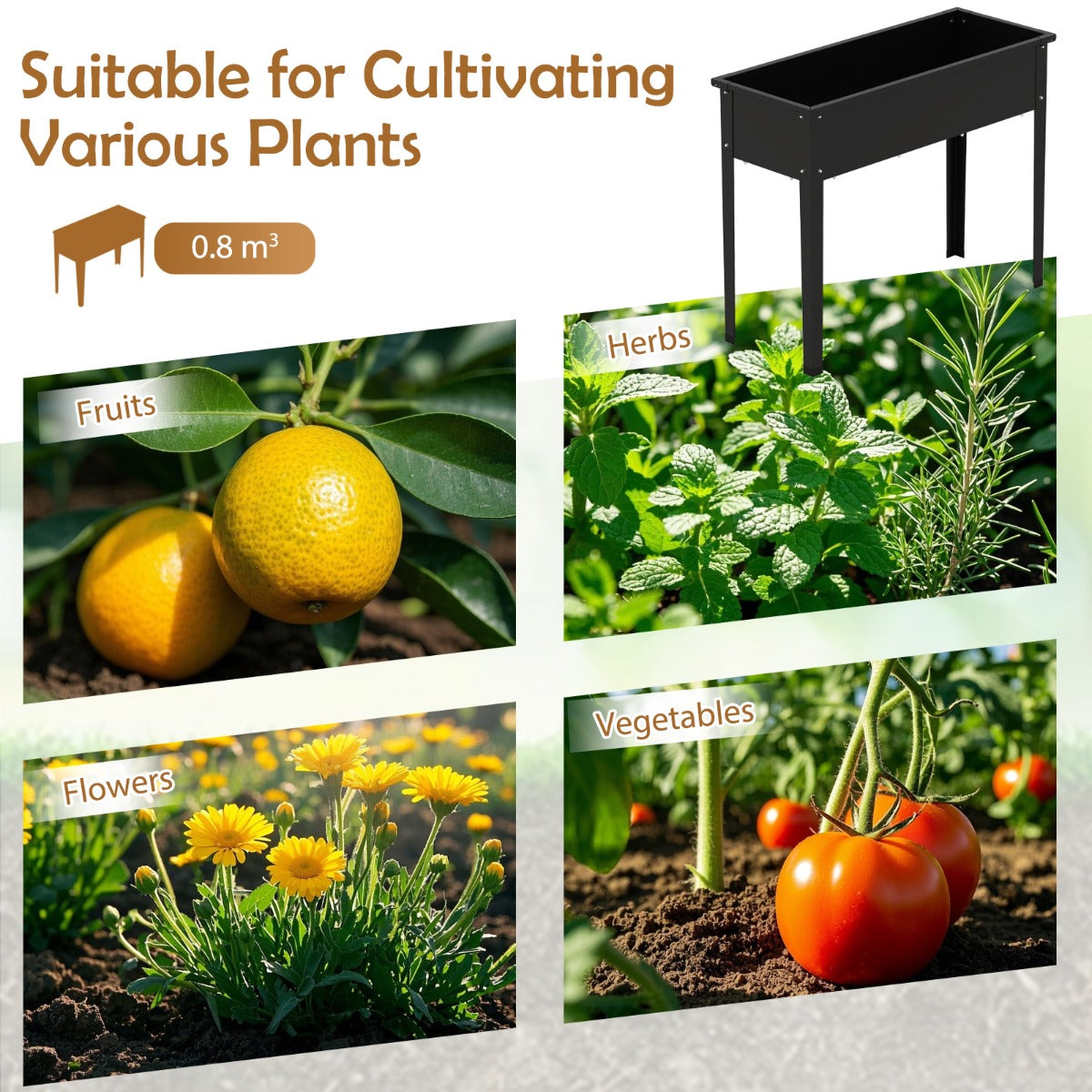 LIVSK Verhoogde Plantenbak - Metalen Constructie - Afwateringsgaten - Ergonomische Hoogte - 100 x 40 x 80 cm - Zwart