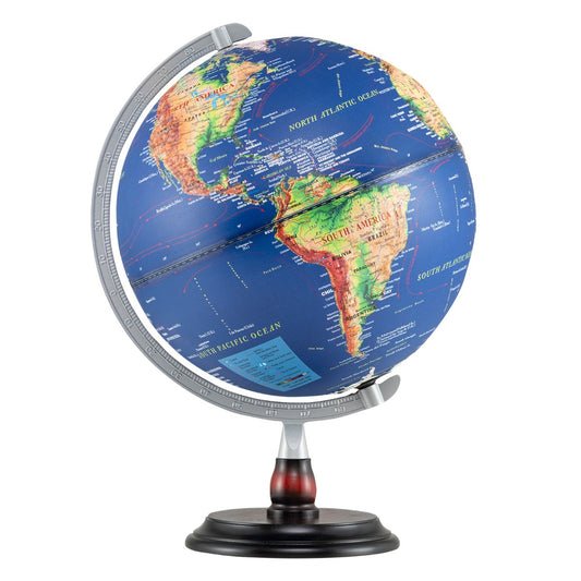 LIVSK Verlichte Wereldbol - Stevige Houten Voet - 360° Draaiend - Reliëfdetails - Educatief en Decoratief - Marineblauw